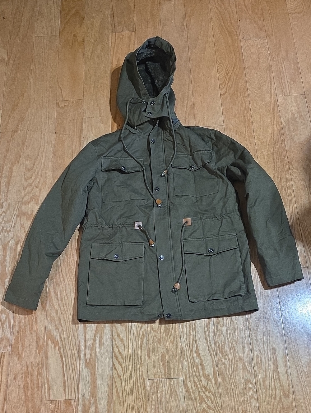Men's Olive Hooded Field Jacket - Casual Utility Coat Faux Fur Lining Size M.